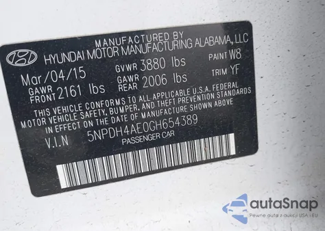 2016 Hyundai Elantra Se z USA, uszkodzony, nr VIN 5NPDH4AE0GH654389